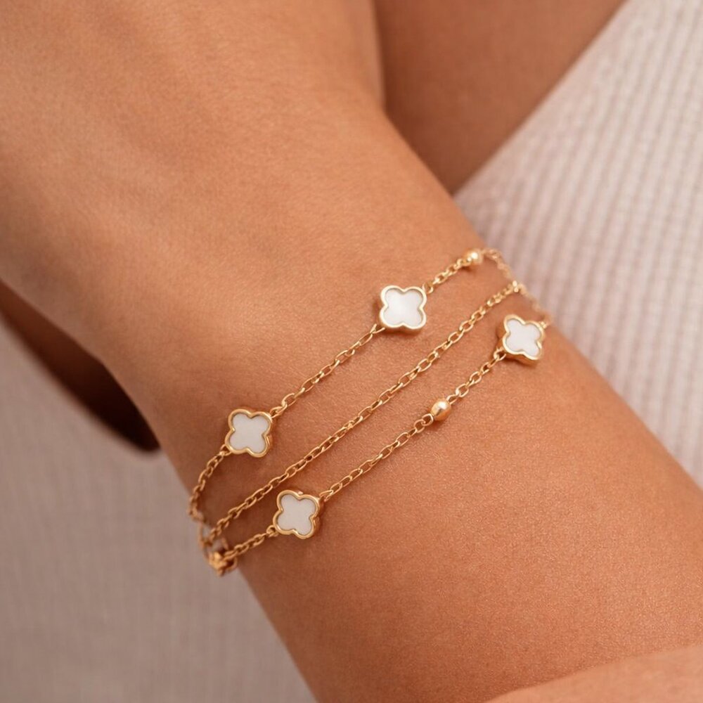 18K Gold Plated White Clover Charm Bracelet |Waterproof Stainless Steel | Adjust
